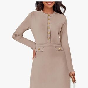 Chic Beige Long Sleeve Dress with Gold Accents